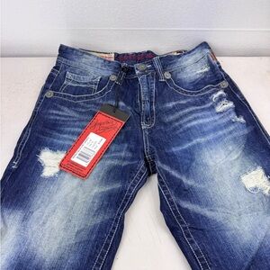 Rivet De Cru Jeans Men's Size32 Patriot 5 Pocket Cut Short Blue Denim Distressed